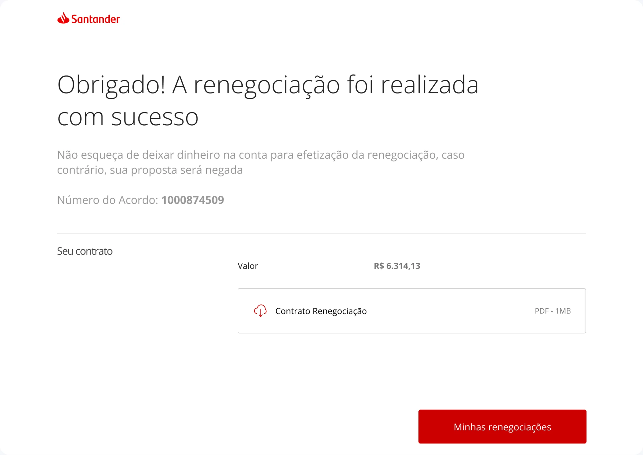 Success screen with the agreement number and the contract to download